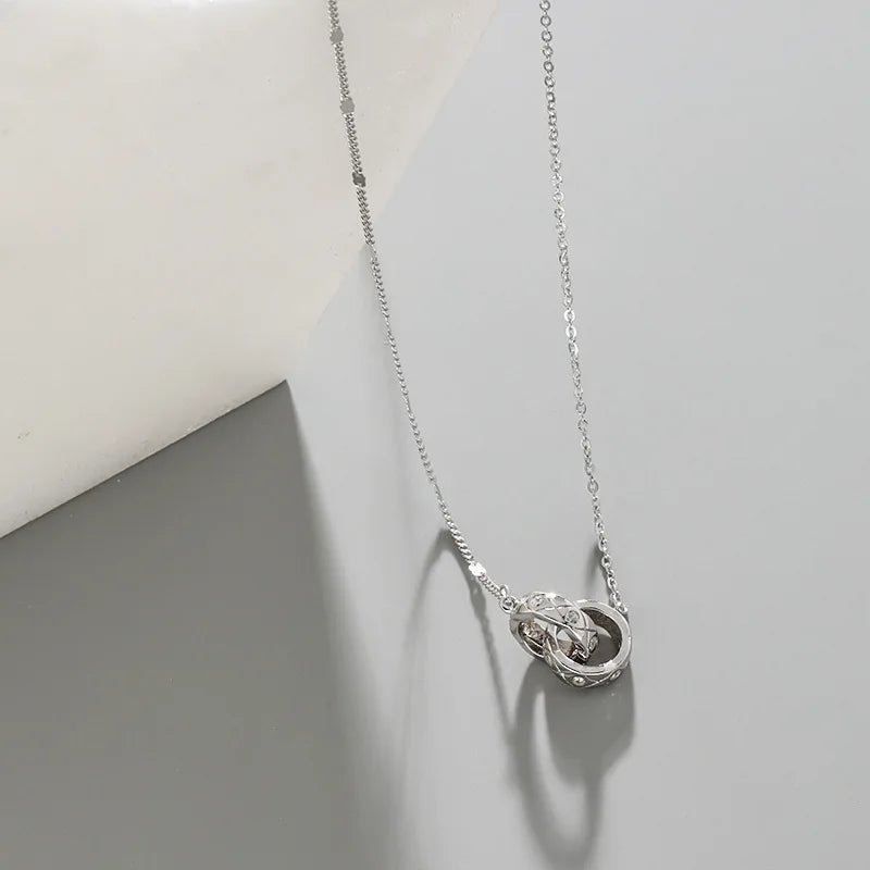 M0120 Diamonique Interlinking Rings Necklace S925 Sterling Silver Interlocking Circle Necklace