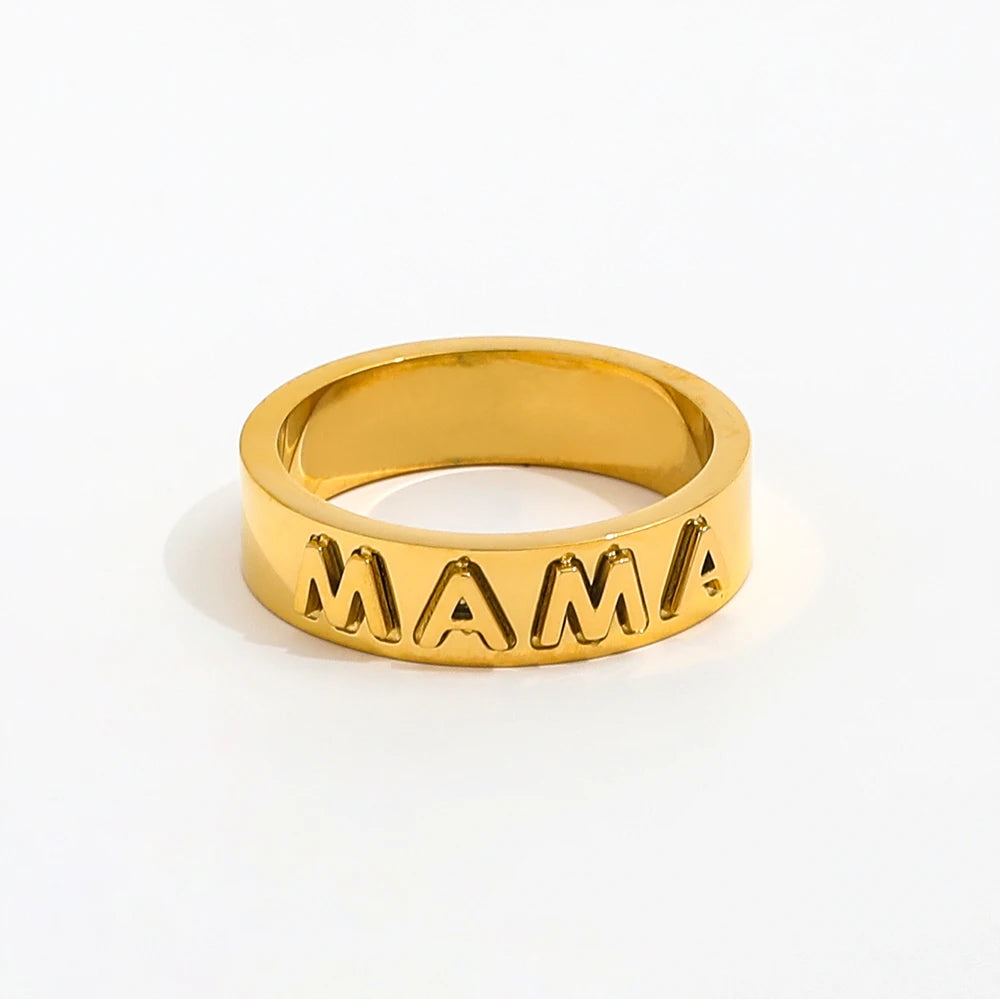 18K Gold Plated Non-Tarnish & Waterproof Stainless Steel Mama Letter Band Ring for Women Stylish Trendy Jewelry Gifts Parties