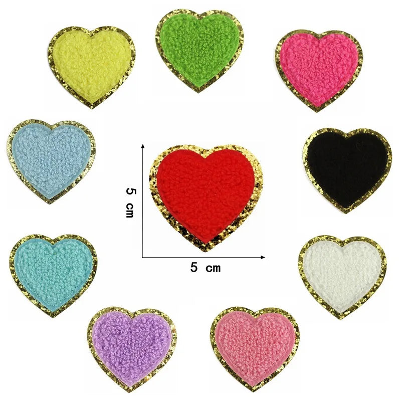 Good Quality Colorful Iron on Self-adhesive Embroidered Gold Glitter Heart Chenille Towel Patches for Garment