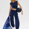 Women Solid Crossover Set Cropped Top Vest Two Piece Washed Tank Top Jogger Suit Summer Sweatsuit Training