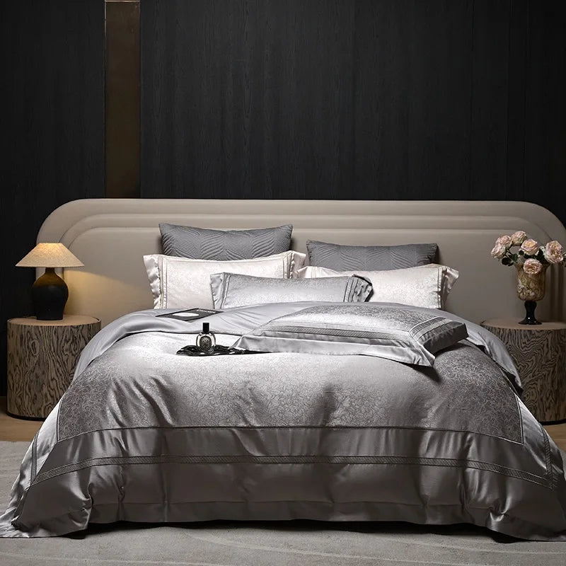 Luxury Grey Quilt Cover Jacquard Pillowcases Fitted Sheets Flat Sheet Cotton Home Textile 4-pieces Bedding Set Supplier