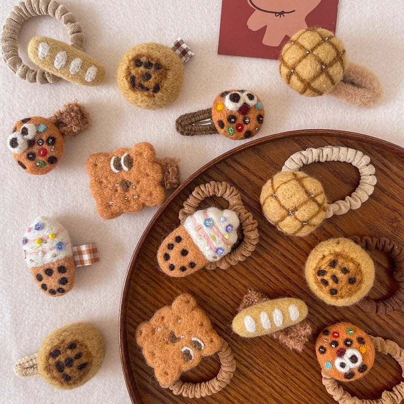 MIO Wool Felt Hair Clip Elastic Hair Ties Cookies Duckbill Clips Cute Wool Felt Hair Band Dessert Series Bb Hairpin Elastic Band