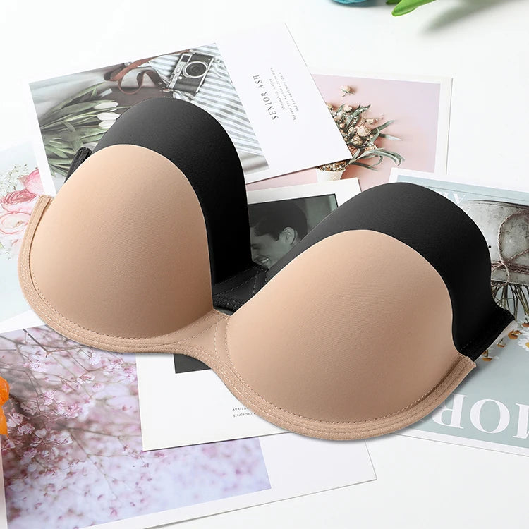 Women's Breathable Self-adhesive Strapless Backless Bra Thick Padded Sticky Push up Invisible Brassiere for Weddings and Parties