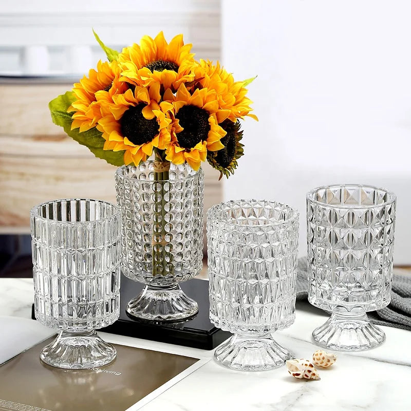 Centerpiece Home Decor Tabletop Ornament Vase Hand Blown Small Clear Goblet Vintage Flower Footed Crystal Ribbed Glass Vases