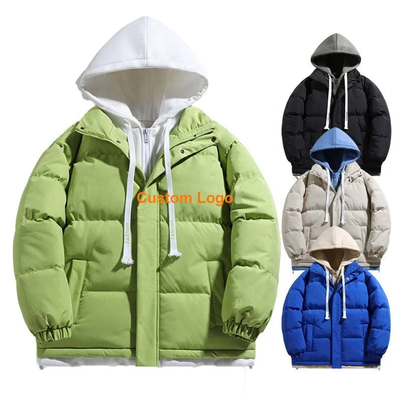 Men's Hooded Winter Jacket Autumn Warm Cold Outerwear Thicken Padded Jacket Puffer Water-Resistant Mock 2-Pieces Jacket Coats