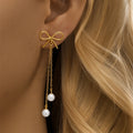Fashion Earrings Jewelry 925 Sterling Silver Bow Knot Long Tassel Chain Pearl Gold Plated Stud Earrings for Women