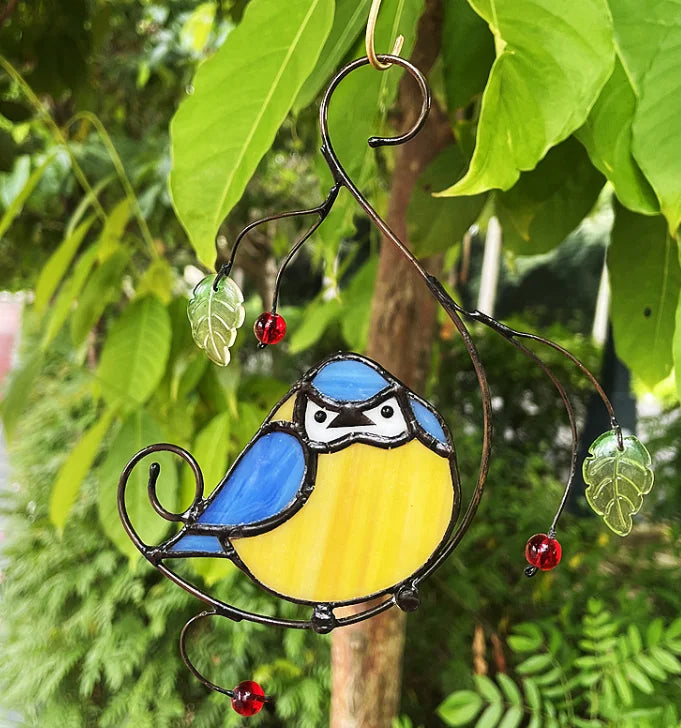 Garden Bird Stained Glass Pendant Window Ornament Pendant Wall Art for Home Decor Wind Chimes Ornament