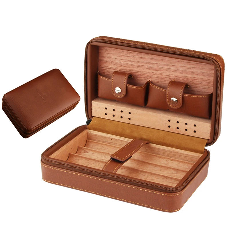 V Anace Waterproof 4-Finger Portable Travel Wood Tray Holder Leather Cigar Cases Humidors Box Bag Carrying Humidors Cigar Case