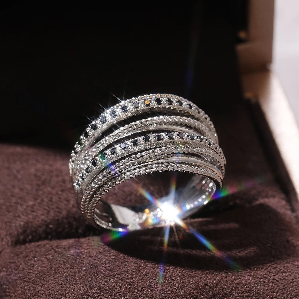 CAOSHI 2025 Multi Layer Stackable Rings Women Lady White and Black Zircon Anillos Girls European Style Dainty Silver Rings