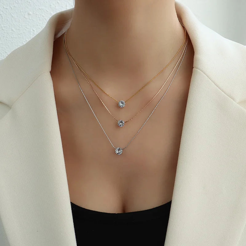 Minimalist Stainless Steel Gold Plated 6mm Clear Diamond Necklace for Valentine's Day Gift