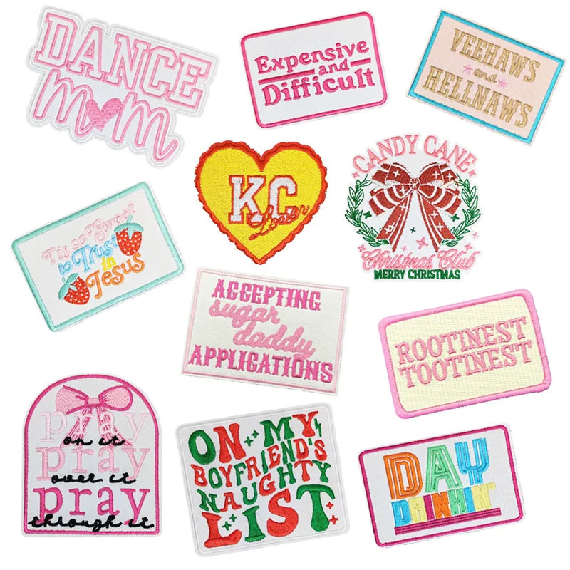 Iron on Embroidery pink Merry Christmas Dance Mom Pray Patch for Outdoor Overcoat Hat Decoration
