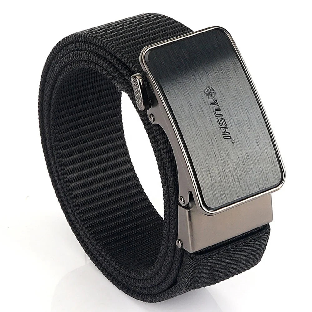TUSHI Simple Business Men's Belt Luxury Alloy Automatic Buckle Adjustable Nylon Fabric Ratchet Fashionable Knitted Style