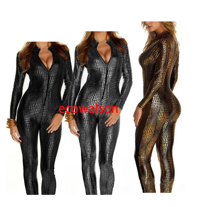 Ecowalson Sexy Faux Leather Snake Skin Jumpsuit Women Vinyl Jumpsuit Gold Leather Bodysuit Spandex PVC Latex Wet Look Catsuit