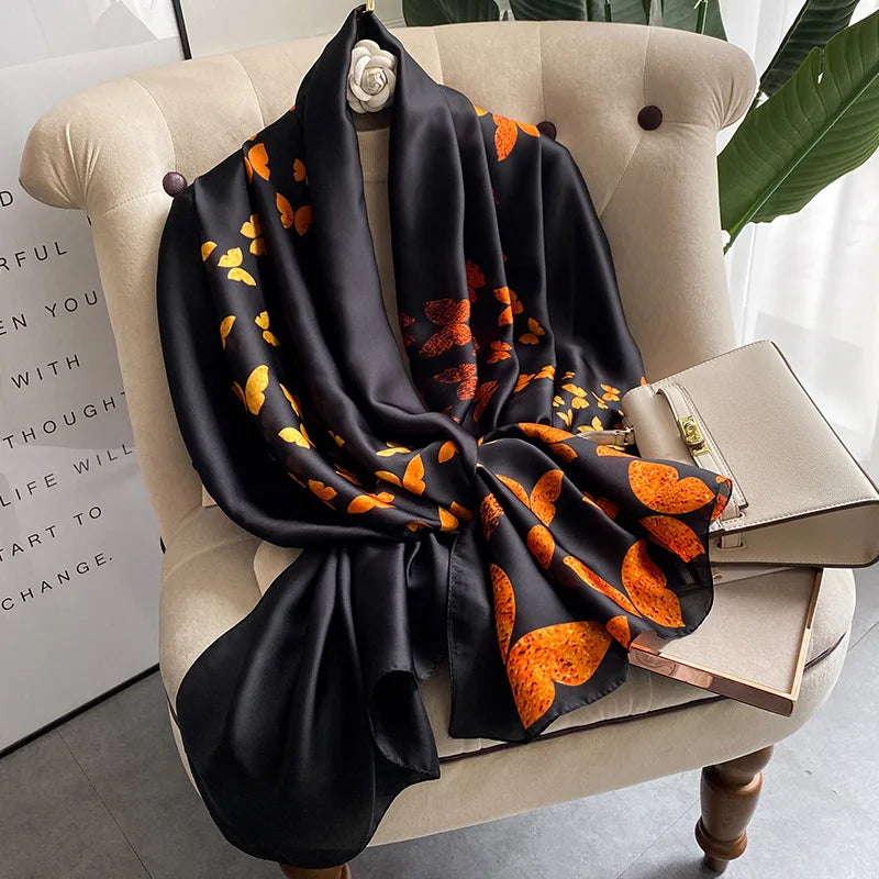2022 Newest Custom Top Quality Ladies Long Light Silk Scarves Fashion Shawl Black Gold Butterfly Printed Silk Scarf Women Hijabs