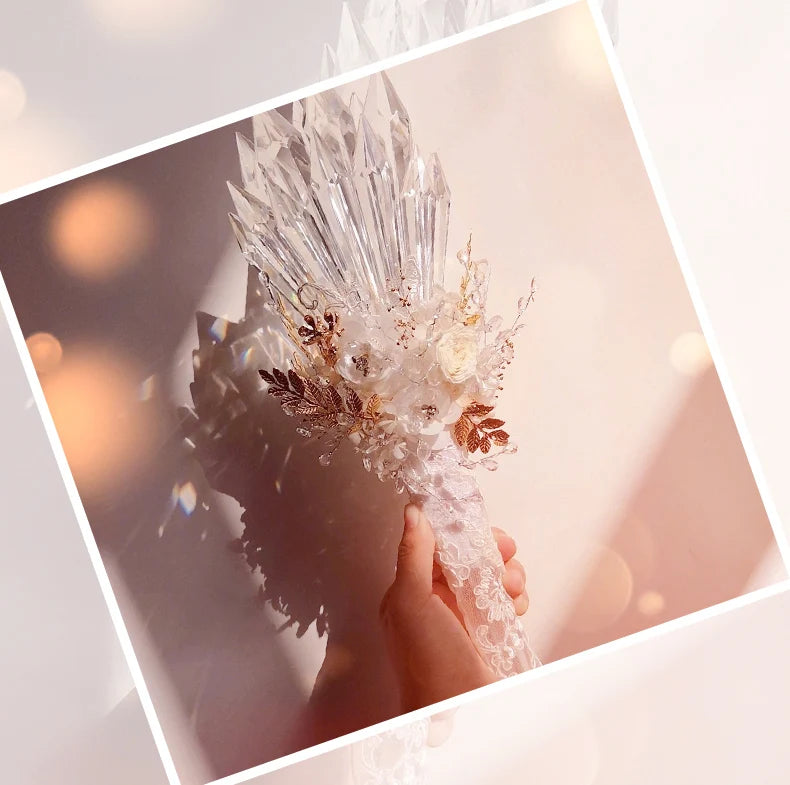925gifts Bridal Crystal Hand Bouquet Wedding Metal Flowers Leaves Party Jewelry