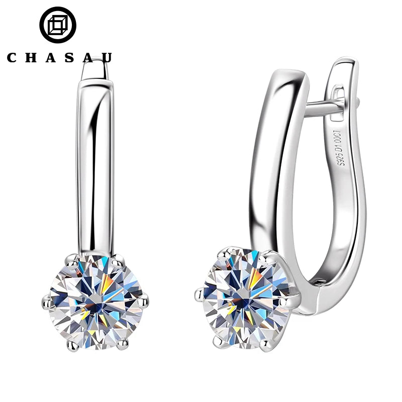 China Factory Original Design GRA Certification 6.5mm 1CT Moissanite 925 Sterling Silver Hexagonal Huggie Clip Earrings