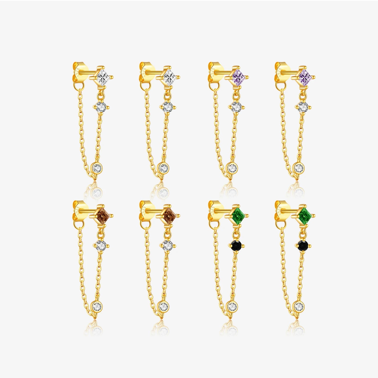 FUAMAY 925 Silver Rainbow Mix Stone 25MM Chain Pendant Set 925 and Earring Emerald Green Brown Diamond Square Studs Earrings