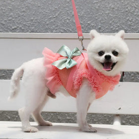 Breathable Mesh Dogs Bow Tie Dress Plaid Puppy Harness Chest Strap with Lead