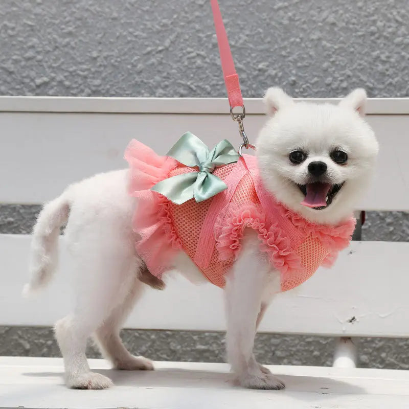 Breathable Mesh Dogs Bow Tie Dress Plaid Puppy Harness Chest Strap with Lead