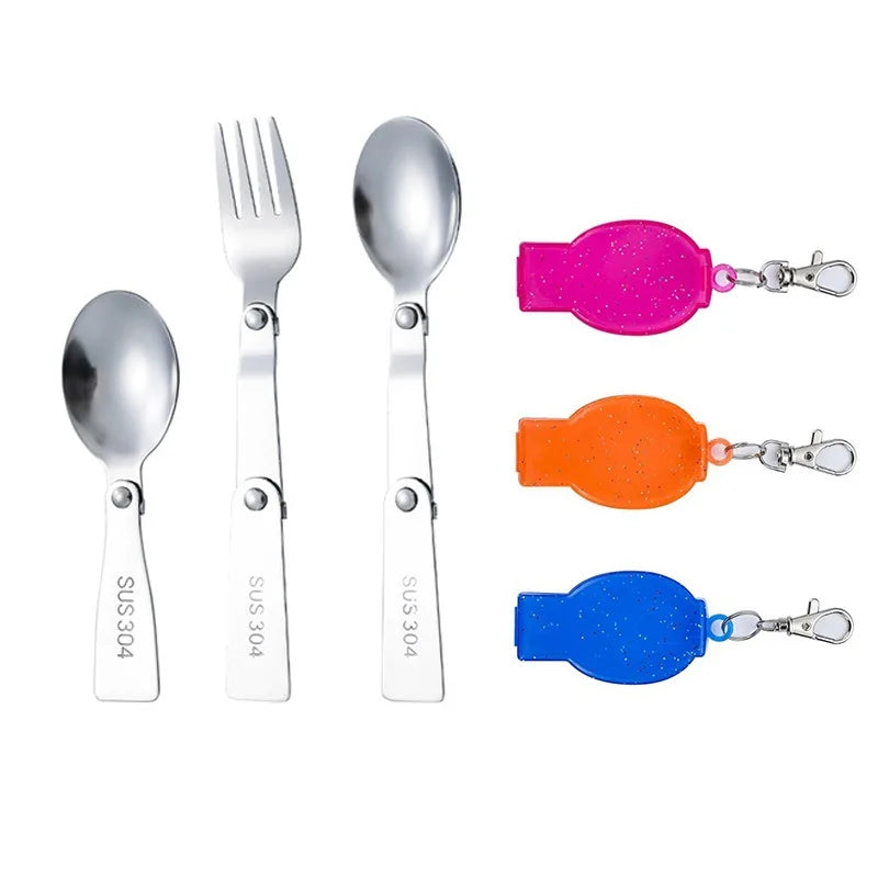 304 Stainless Steel Outdoor Portable Folding Spoon Camping Rotating Folding Ddessert Salad Spoon Fork Tableware Set