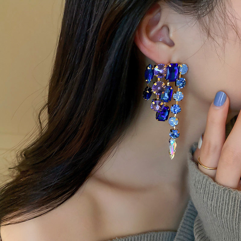 Luxury Silver Needle Dangling Earrings Wedding Bling Earrings Green Blue Large Rhinestone Earrings Women