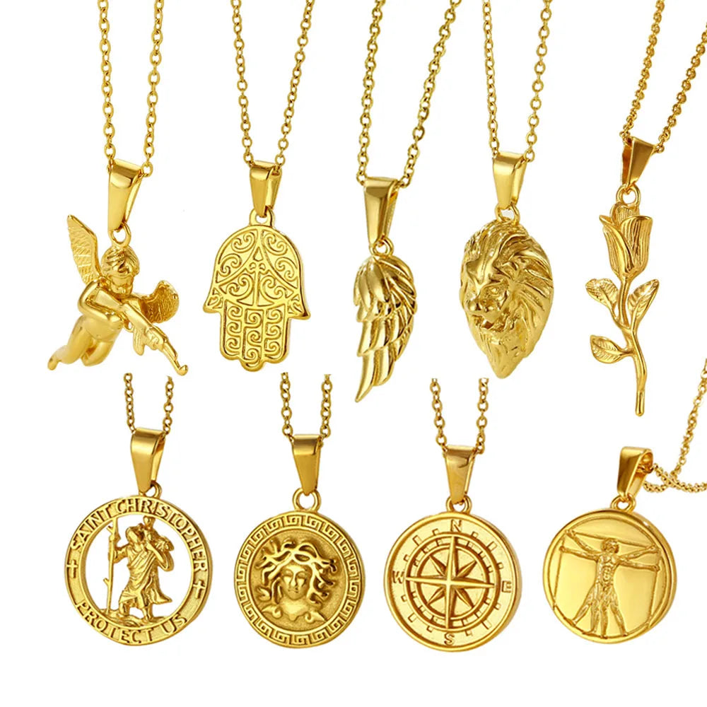 Fashion Compass Pendant 18K Gold Plated Lion Charm Jewelry Stainless Steel Medusa Angel Necklace Graduation