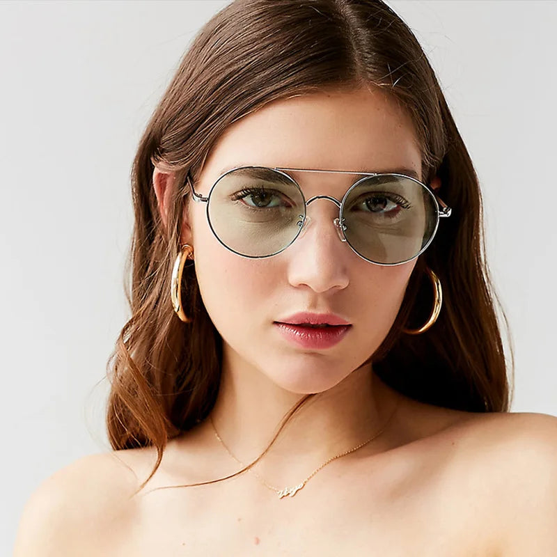 European and American New Men's and Women's Double Beam Personality Fashion Trend Oval Acetate Sunglasses Retro Round UV400