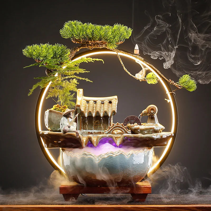 Creative High Water Tower Ceramic Ceremony Decoration Led Light Backflow Waterfall Incense Burner