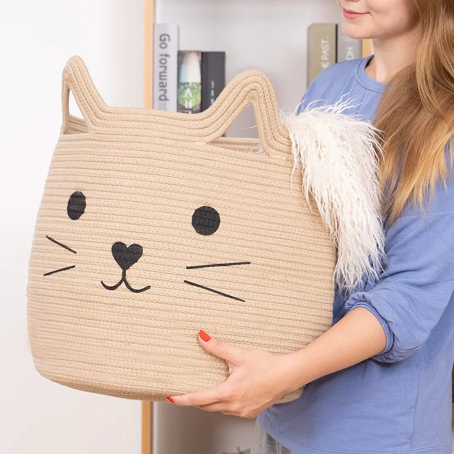 Animal Hamper Large Woven Animal Cotton Rope Storage Basket Belly Laundry Basket Organizer With Cat Design