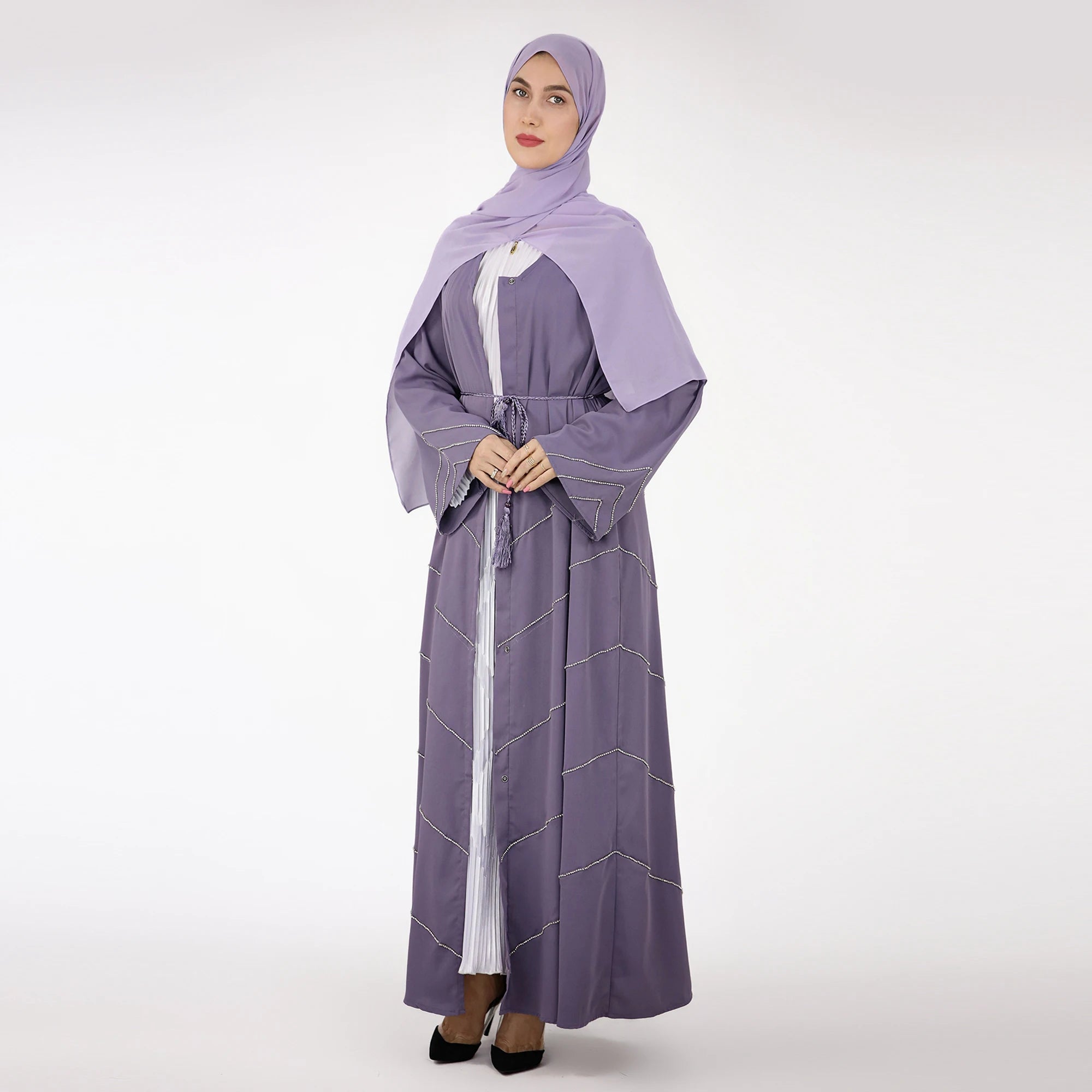 Diamond Beaded 2023 French Stylish Kaftan Modest Open Abaya Kimino Long Polyester Maxi Dress for Ramadan Eid Muslim Dress Abayas