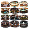 VKME  Retro Ethnic Wood Bead Wristband Bracelet Set Multi-layer Strand Bracelets with Geometric Pattern Buddhist Gift