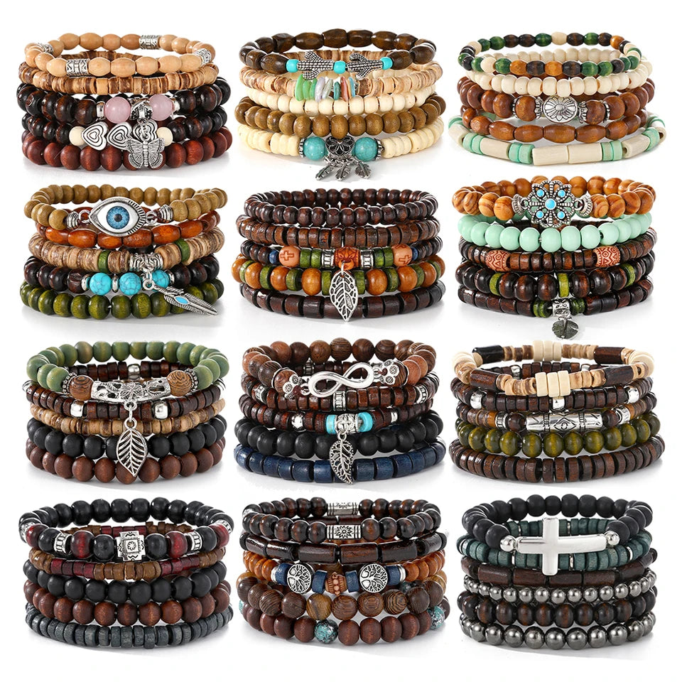 VKME  Retro Ethnic Wood Bead Wristband Bracelet Set Multi-layer Strand Bracelets with Geometric Pattern Buddhist Gift