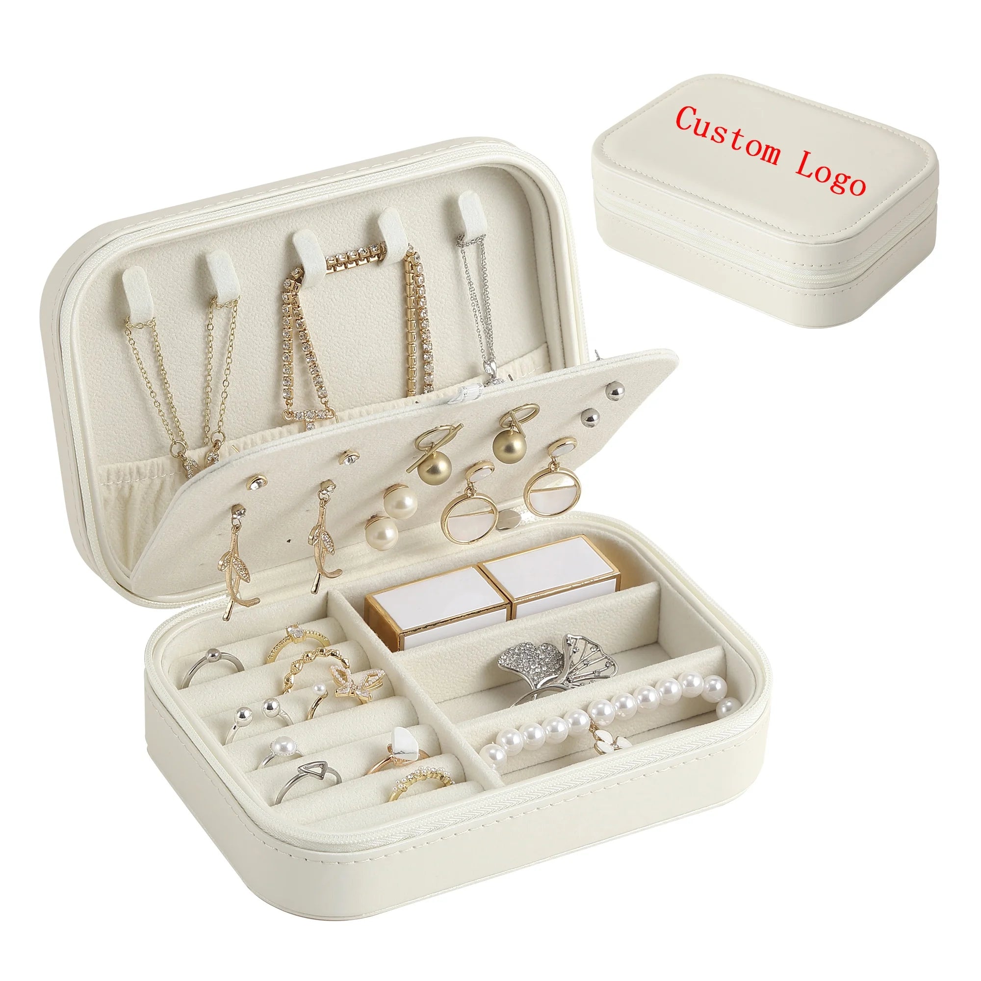 Wholesale Custom Logo Zipper Trinket Jewelry Box Organizer Small Travel Portable PU Leather Earrings Ring Jewellery Gift Case