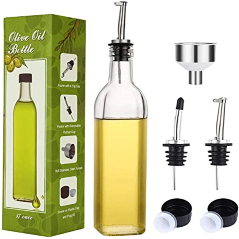 Superior 500ml Glass Cruet for Vinegar and Olive Oil Metal Seasoning Box Kitchen Cooking Bottle Set