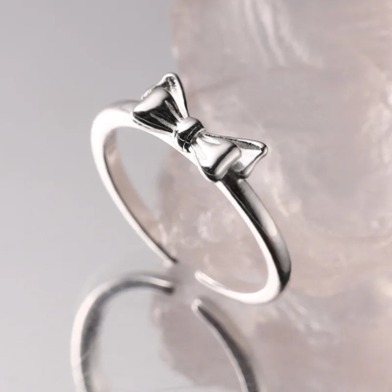 Fine Jewelry 925 Sterling Silver Cute Bow Ring Sweety Minimalist Everyday Adjustable Stacking Rings Gift for Her