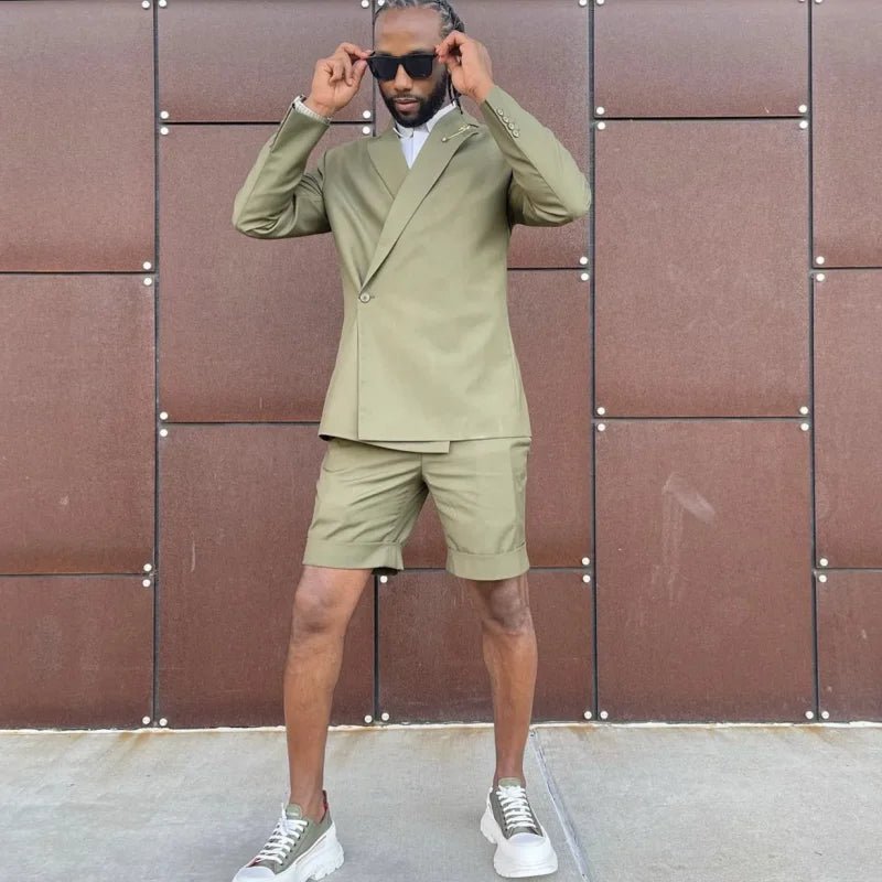 Summer Suit for Men Olive-Green Blazer With Shorts Jacket for Beach WeddingCausal Daily Wear Formal Business Outfits