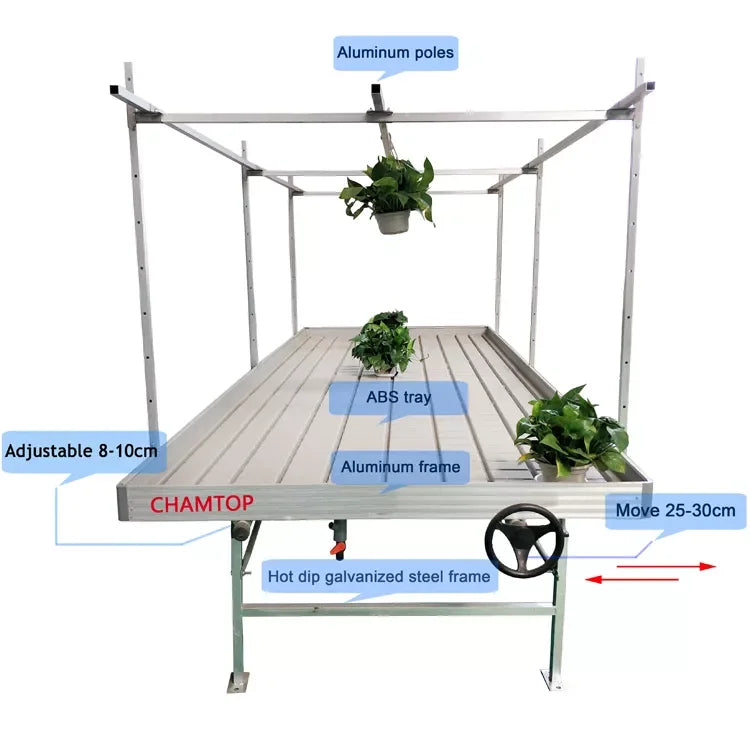 4x4 Agricultural Greenhouse Grow Table with Ebb and Flow Rolling Benches Flood Trays and Ebb Flow Tables
