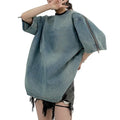 Custom Women's Loose Distressed Zipper T-Shirt 100% Cotton Casual Summer Style Knitted Denim