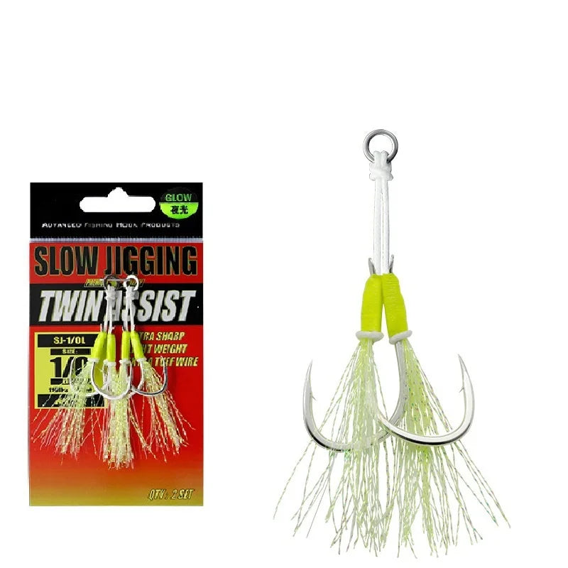 Double Assist Fishing Hook Iron Plate Slow Jigging Hook with Barb Hooks Luminous Wire Sea Fishing Pesca