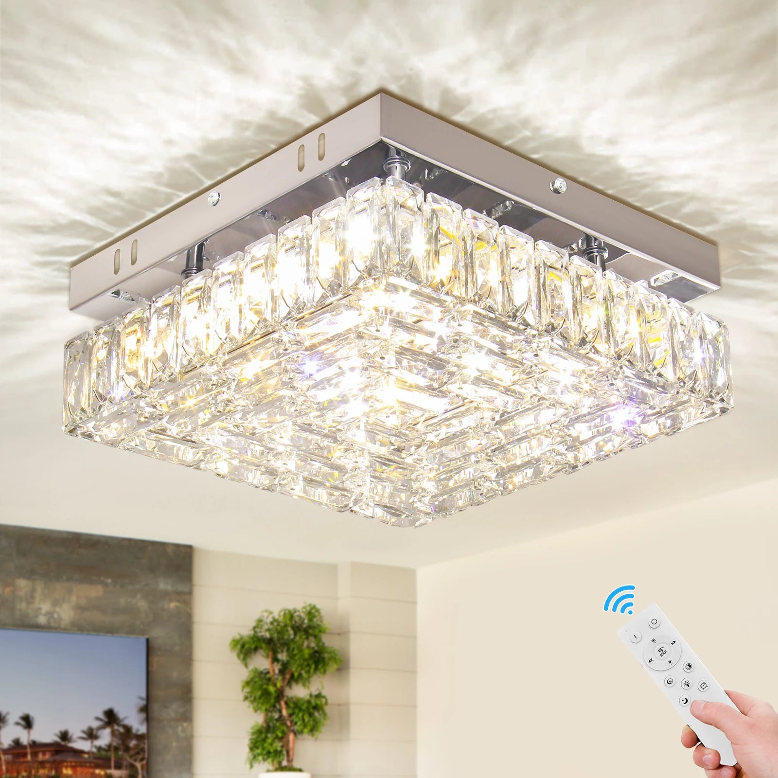 K9 Crystal Dimmable Changeable LED Ceiling Light 3 Colors Square Lamp with Remote Control for Room Application