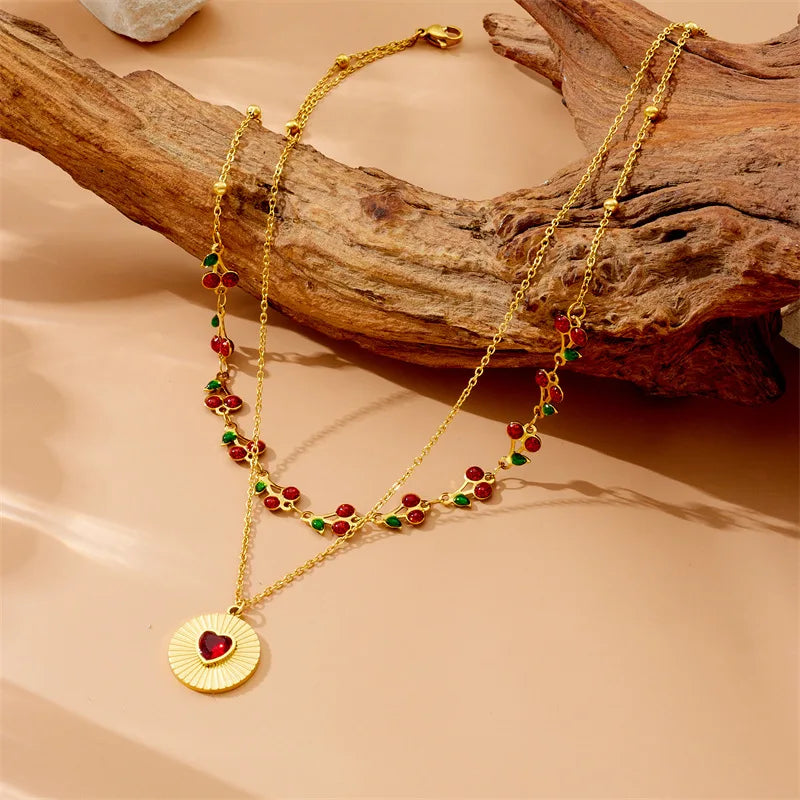 Vintage Double Layer Chain Drip Oil Necklace Cherry Flower Sun Heart Compass Stainless Steel Necklace for Women