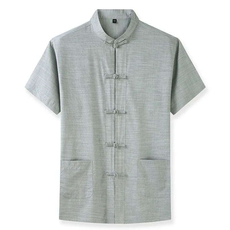 2023 Male Business Leisure Loose Fat Guy Add Fat Add Plate Buckle Short Sleeve Tang Suit Male