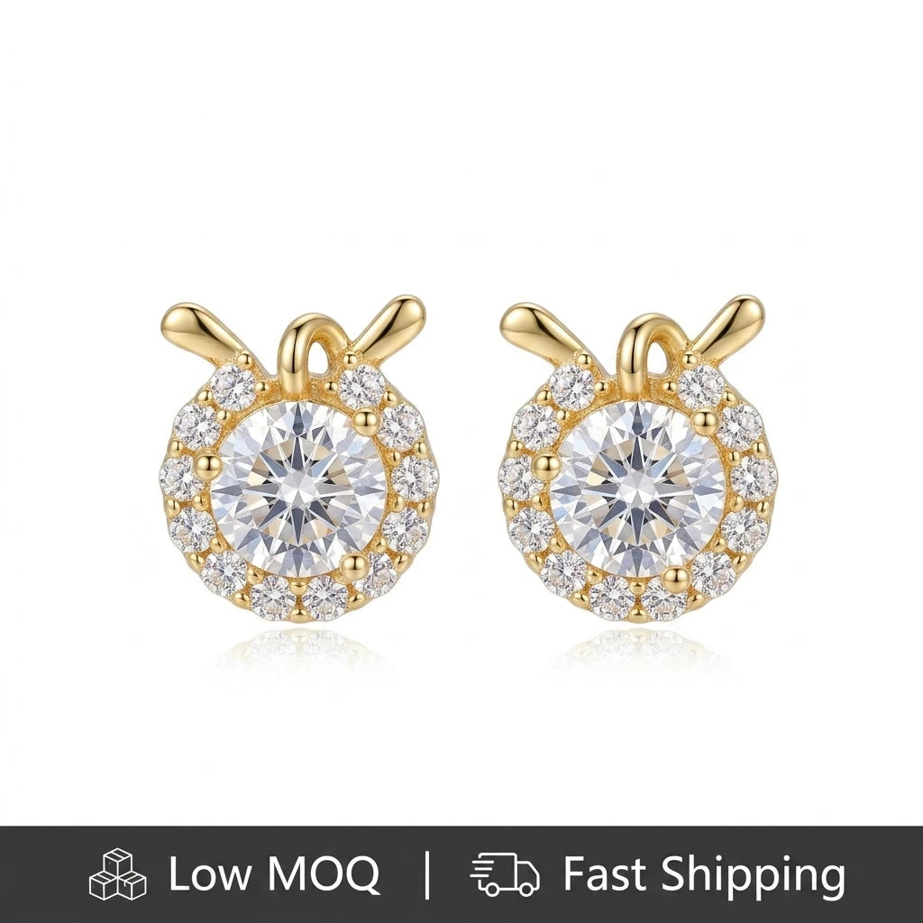 18K Gold Plated Rabbit Head Stud Earrings Brass Base Round Halo Cubic Zirconia Animal Jewelry for Women Wedding Party