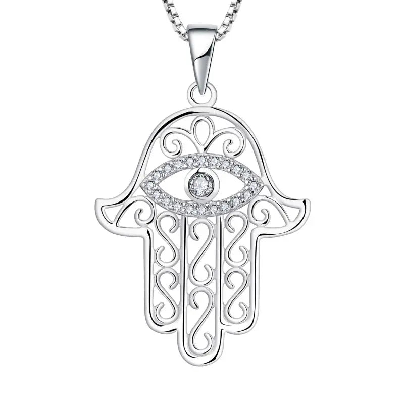 925 Sterling Silver Hamsa Hand Necklace Good Luck Vintage Fatima Hand Pendant Charm Cute Sparkling Zirconia Jewelry Women