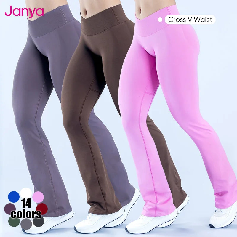 Janya V Cross Waist Sports Pants Butt Lift Tummy Control Gym Workout Fitness Leggings Custom Logo Seamless Flare Yoga Leggings