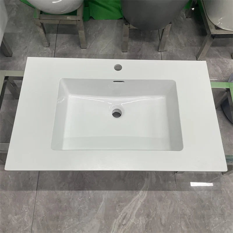 Artificial Rock Beam Bathroom Cabinet Basin with Drainer Single Hole Faucet Mount Modern Style Stone Sink