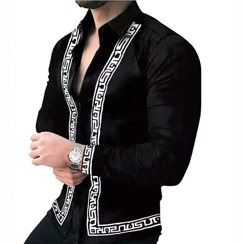RNSHANGER Summer Hawaiian Men Shirts Fashion Print Patchwork Lapel Long Sleeve Casual Shirt Streetwear Loose Beach Shirts