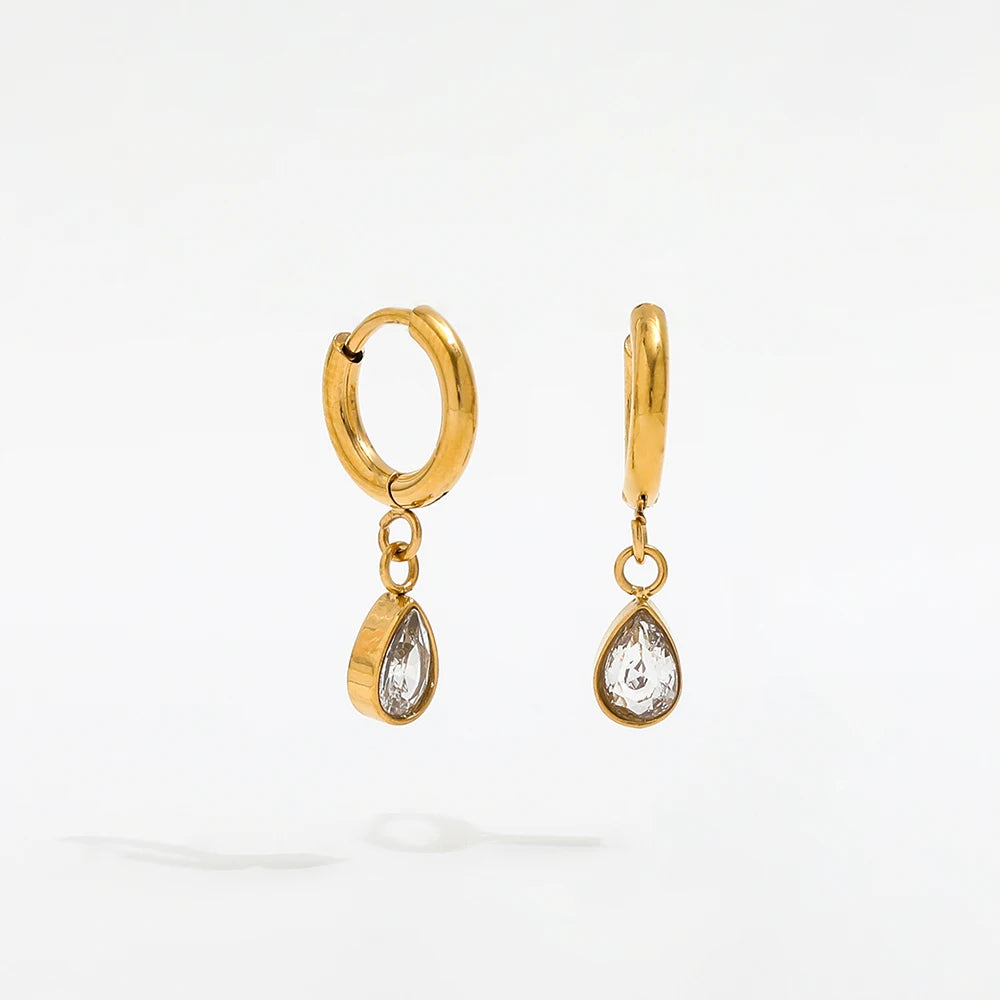 High End PVD 18K Gold Plated Dainty Mini Water Drop Zirconia Pendant Huggie Earrings Stainless Steel Jewelry Wholesale