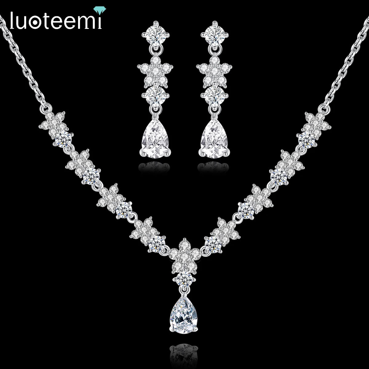 LUOTEEMI Woman Earing Fashion Necklace Dainty Rhodium Plated Earring Korean Wholesale Trendy Flower Jewelry Set