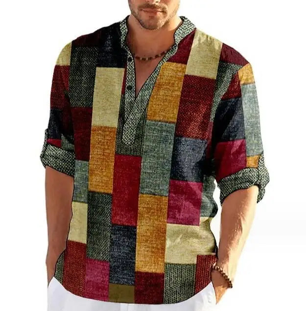 Fashion Men's Breathable Woven Shirt Graphic Print Retro Patchwork Turn-down Collar 3D Print Outdoor Casual Long Sleeve